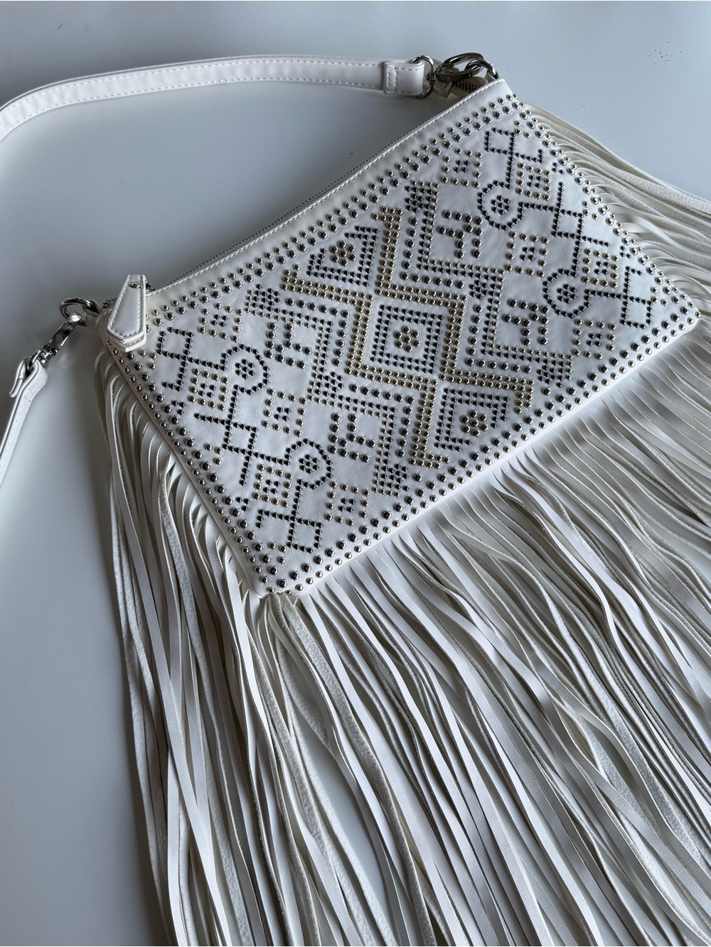 Boho Fringe Crossbody Bag White Faux Leather Southwestern Festival Purse